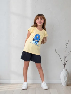 طقم بناتي صيفي أصفر وأسود – ملابس أطفال خروج صيفي