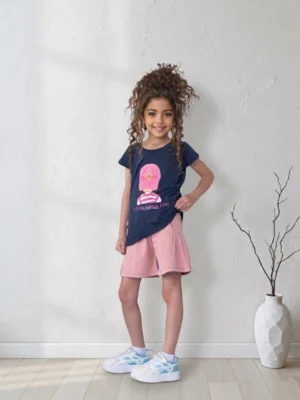 طقم بناتي صيفي كحلي ووردي – ملابس أطفال خروج صيفي